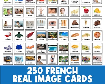 May include: A set of 250 French flash cards with real images and corresponding French words. The cards are organized into categories such as food, clothing, and activities. The cards are perfect for learning French vocabulary.
