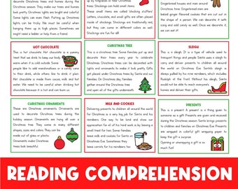 Puede incluir: Una ilustración de 10 tradiciones navideñas, incluyendo luces navideñas, chocolate caliente, calcetines, un árbol de Navidad, un hombre de jengibre, un trineo, adornos navideños, leche y galletas, regalos y comprensión lectora. Las ilustraciones son coloridas y presentan un esquema de color rojo y verde.