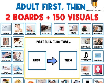 May include: A colourful chart with the text "Adult First, Then" and "2 Boards + 150 Visuals". The chart is divided into two sections, "First" and "Then", with a blue arrow pointing from "First" to "Then". The chart includes images of various daily activities, such as showering, shaving, brushing teeth, washing dishes, and doing laundry.