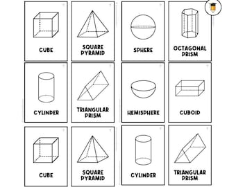 12 VORMEN FLASHCARDS | 3D-vormen | Piramides en prisma's | Wiskundige werkbladen | Meetkunde-werkbladen | Wiskundige activiteiten | Graad 3 |