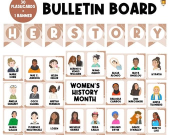 Könnte beinhalten: Ein Bulletin Board mit dem Titel "HERSTORY" in braunen und weißen Buchstaben. Das Board ist mit 30 Karteikarten dekoriert, die Illustrationen von bemerkenswerten Frauen aus der Geschichte zeigen. Jede Karteikarte enthält den Namen der Frau und eine kurze Beschreibung ihrer Leistungen. Das Board enthält auch ein Banner mit der Aufschrift "Frauen-Geschichtsmonat".