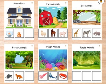 May include: A printable worksheet for kids to learn about animal habitats. The worksheet features six different habitats: house pets, farm animals, zoo animals, forest animals, ocean animals, and jungle animals. Each habitat is illustrated with a colorful scene and blank spaces for children to draw or write the names of animals that live in each habitat.