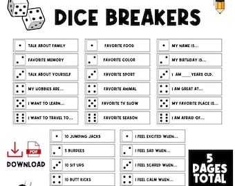 Może przedstawiać: Czarno-biała plansza do gry do wydrukowania z kostkami i tekstem "Dice Breakers". Plansza do gry zawiera pytania i aktywności, które pomagają przełamać lody i lepiej poznać ludzi. Plansza jest podzielona na trzy kolumny z różnymi kategoriami pytań i aktywności. Pierwsza kolumna zawiera pytania dotyczące rodziny, wspomnień i hobby. Druga kolumna zawiera pytania dotyczące ulubionych rzeczy, takich jak jedzenie, kolor, sport, zwierzę, program telewizyjny i pora roku. Trzecia kolumna zawiera pytania dotyczące danych osobowych, takich jak imię, urodziny, wiek i ulubione miejsce. Na dole planszy znajduje się sekcja z ćwiczeniami fizycznymi do wykonania, takimi jak skakanie na skakance, burpees, brzuszki, kopnięcia w tyłek, pompki i przysiady. Plansza jest zaprojektowana do wydrukowania i użycia z kostkami.
