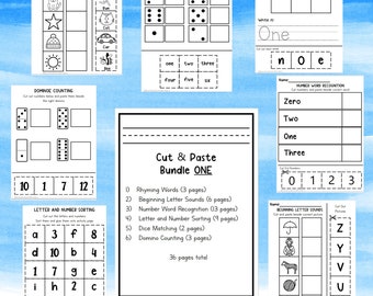 Kindergarten Grade One Cut and Paste Worksheets | Sight Words | Number Letter Recognition | Phonics | Preschool Math | Scissor Skills