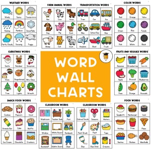 12 GRÁFICOS DE PARED DE PALABRAS / Jardín de infantes / Preescolar / Decoración del aula / Cartel de pared de palabras / Centros de alfabetización / Gráfico de escritura / Cartas / Preescolar