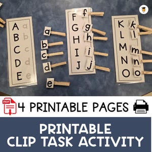 May include: Educational printable clip task activity featuring uppercase and lowercase letters A-O. The activity includes three white cards with black lettering and small wooden clothespins for matching. The image also includes the text "4 PRINTABLE PAGES" and "PRINTABLE CLIP TASK ACTIVITY."