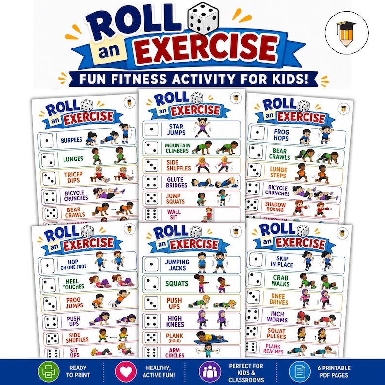 Puede incluir: Un conjunto de seis coloridas tablas de ejercicios imprimibles para ni&ntilde;os, con varios ejercicios como burpees, zancadas y saltos de tijera. Las tablas tienen un tema de dados con el texto "Roll an Exercise" y "Fun Fitness Activity for Kids!"