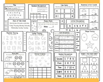 Pacchetto di schede di lavoro per l'asilo nido DUE / Schede di lavoro di matematica / Conteggio / Numeri / Grafici / Matematica sui soldi / Parole visive / Scarica