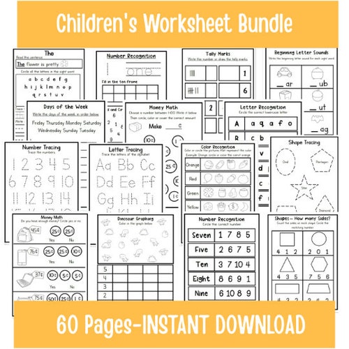 Kindergarten Worksheet Bundle TWO | Math Worksheets | Counting | Numbers | Graphing | Money Math | Sight Words | Download