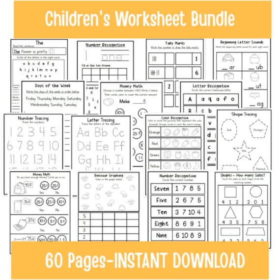 Kindergarten Worksheet Bundle TWO | Math Worksheets | Counting | Numbers | Graphing | Money Math | Sight Words |  Download