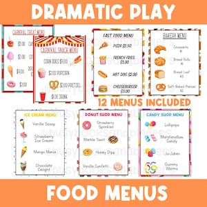 Menus de comida para impressão | Peça Dramática | Cardápio do Restaurante | Compras | Finja brincar | Comida Jamaicana | Comida Chinesa | Rosquinha | Doces |Livro Ocupado
