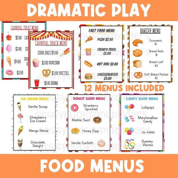 Printable Food Menus | Dramatic Play | Restaurant Menu | Shopping | Pretend Play | Jamaican Food | Chinese Food | Donut | Candy |Busy Book