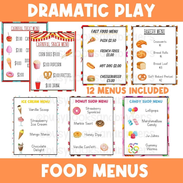 Printable Food Menus | Dramatic Play | Restaurant Menu | Shopping | Pretend Play | Jamaican Food | Chinese Food | Donut | Candy |Busy Book