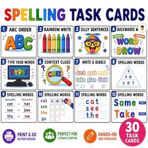 May include: Colorful spelling task cards with various activities, including ABC order, rainbow writing, and silly sentences. The cards feature illustrations and text prompts for interactive learning. The set includes 30 task cards.