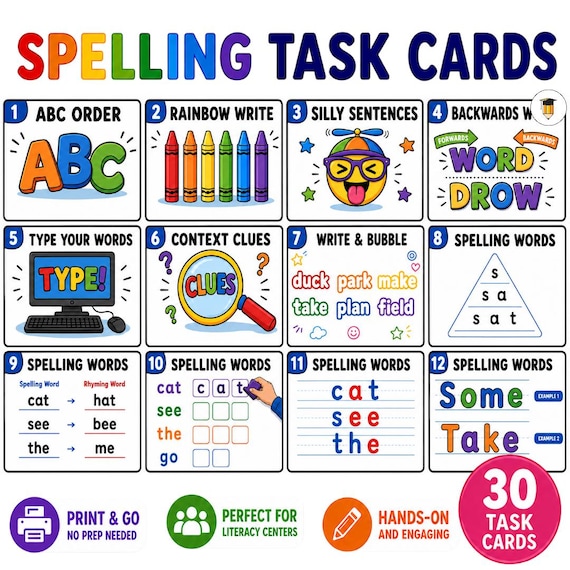 30 Literacy Center Task Cards | Spelling Activities for Kids | Phonics & Word Work Centers | 30 Printable Task Cards