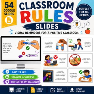 Puede incluir: Una colorida presentación digital sobre las reglas del aula, con el texto "Classroom Rules Slides" y "Visual Reminders for a Positive Classroom!". Incluye ilustraciones e instrucciones para el comportamiento en el aula.