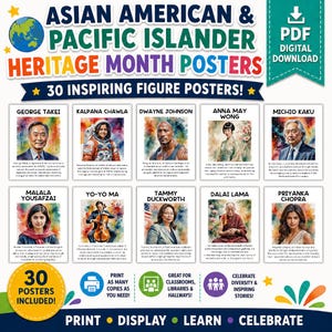 30 posters d'Américains d'origine asiatique et insulaires du Pacifique | Calendrier | Présentoir pour babillard | Décoration américaine d'origine asiatique | Historique de l'AAPI | Affiche imprimable