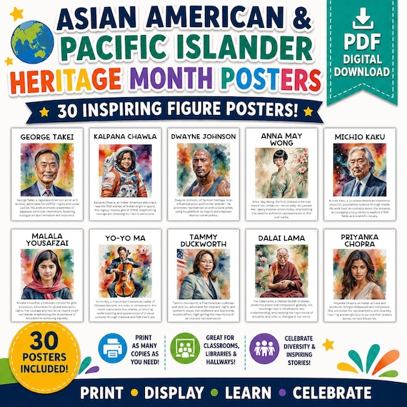 30 Asian Americans and Pacific Islander Posters | Calendar | Bulletin Board Display | Asian American Decor | AAPI History | Printable Poster