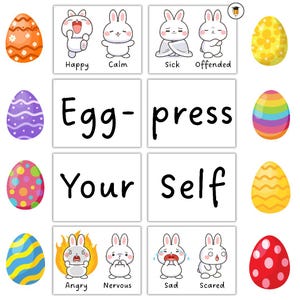 Peut inclure: Image sur le thème de Pâques avec des œufs décorés et des lapins de dessin animé. Les lapins expriment des émotions telles que heureux, calme, malade, offensé, en colère, nerveux, triste et effrayé. Le texte dit "Egg-press Your Self".