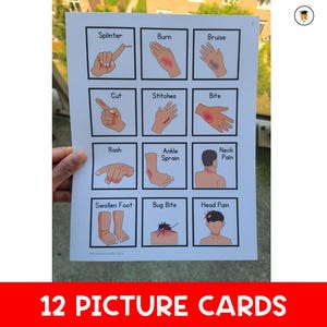 May include: A white card with 12 illustrated medical condition cards, including splinter, burn, bruise, cut, stitches, bite, rash, ankle sprain, neck pain, swollen foot, bug bite, and head pain. The text "12 PICTURE CARDS" is at the bottom.