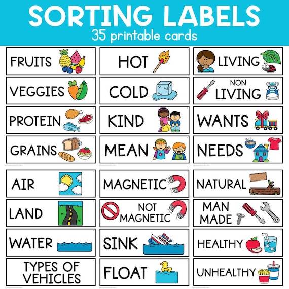 35 Sorting Labels | Classroom Center Sign | Label | Printable Signs | ABA Therapy | Organization Label | Classroom Activities | Printable