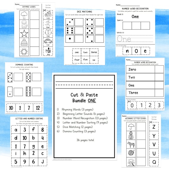 Kindergarten Grade One Cut and Paste Worksheets | Sight Words | Number Letter Recognition | Phonics | Preschool Math | Scissor Skills