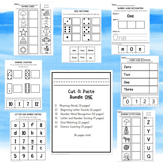 Kindergarten Grade One Cut and Paste Worksheets | Sight Words | Number Letter Recognition | Phonics | Preschool Math | Scissor Skills