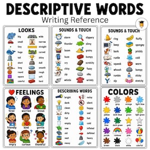 May include: A multi-page educational writing reference chart titled DESCRIPTIVE WORDS. The document features categorized sections including LOOKS, SOUNDS & TOUCH, FEELINGS, and COLORS, each containing illustrated icons paired with descriptive text labels.