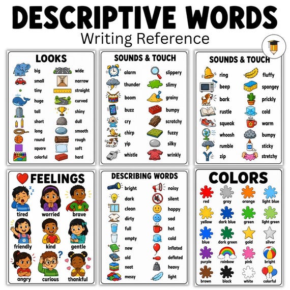 Descriptive Words Reference Posters | Grade 1 Writing Vocabulary | Printable Classroom Anchor Charts | Colors & Feelings | Writing Aid