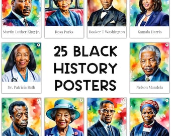 Könnte beinhalten: Eine Collage aus 25 Aquarellporträts prominenter schwarzer Persönlichkeiten der Geschichte. Die Porträts sind in einem Raster angeordnet, in dessen Mitte der Text "25 BLACK HISTORY POSTERS" steht.