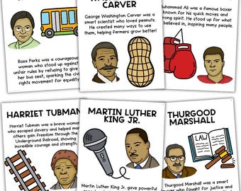 May include: Colorful illustrated cards featuring portraits of notable African Americans, including Rosa Parks, George Washington Carver, Muhammad Ali, Harriet Tubman, Martin Luther King Jr., and Thurgood Marshall. Each card includes a brief biography and an image related to their contributions.