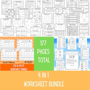 May include: A colorful image advertising a 4-in-1 worksheet bundle for preschoolers. The bundle includes 177 pages of worksheets with a variety of activities, including number tracing, letter tracing, shape tracing, and cut and paste activities. The image also includes the text "Cut & Paste Worksheet Bundle" and "4 in 1 Worksheet Bundle".