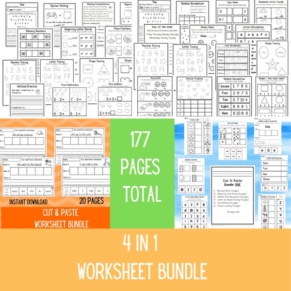 4 IN 1 WORKSHEET BUNDLE | Kindergarten to Grade One Worksheets | Preschool Reading Writing Counting | No Prep Activities | Sight Words