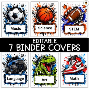 May include: A set of six rectangular binder covers featuring vibrant sports and educational themes with paint splatter effects. Each cover displays a central graphic including a soccer ball, basketball, football, truck, dinosaur, and sneaker with labels.