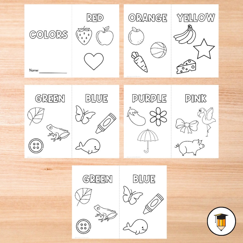 May include: A printable coloring book for kids featuring different colors and objects. The book includes pages for red, orange, yellow, green, blue, purple, and pink. Each page has a color title and several objects to color.
