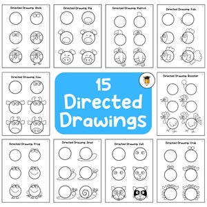 May include: A collection of 15 directed drawing worksheets. Each sheet guides the user through drawing a chick, pig, parrot, fish, cow, rooster, frog, snail, cat, and crab. The title "15 Directed Drawings" is displayed in a blue box.