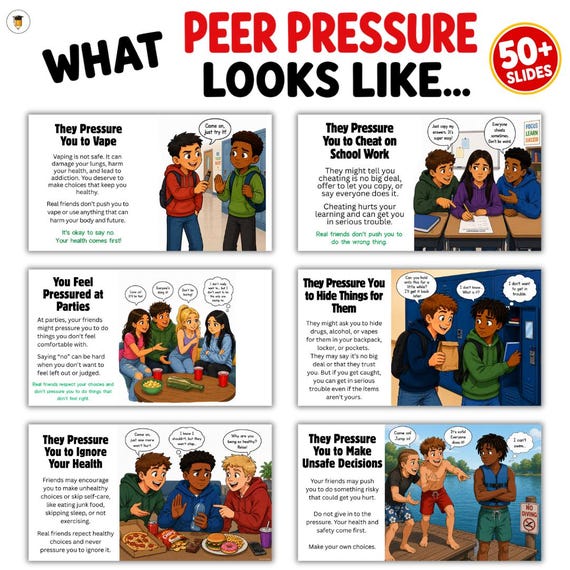 What Peer Pressure Looks Like | Peer Pressure Activities for Teens | SEL Discussion Cards | Health Class Posters | School Counselor PDF