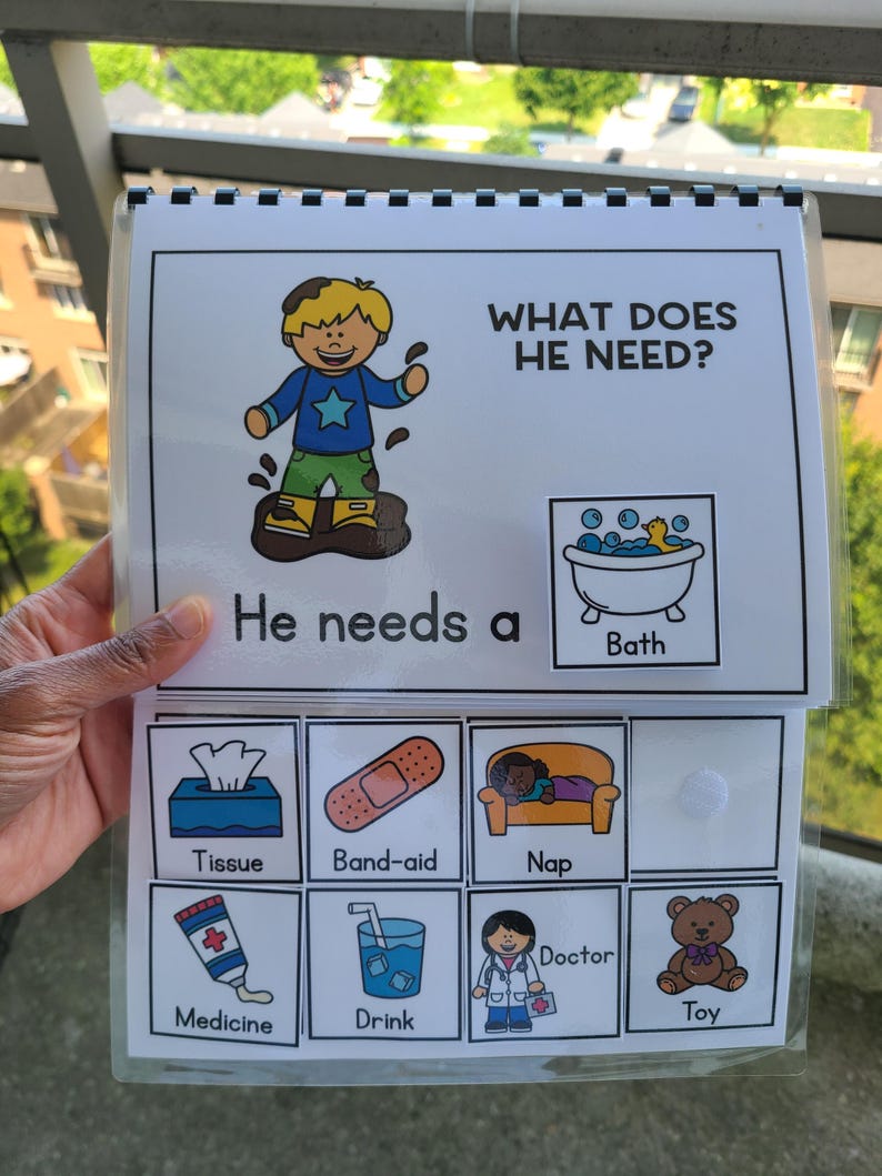 May include: An educational book for children with the text "WHAT DOES HE NEED?" and "He needs a". The book features illustrations of a boy in mud, a bath, tissue, band-aid, nap, medicine, drink, doctor, and a toy.