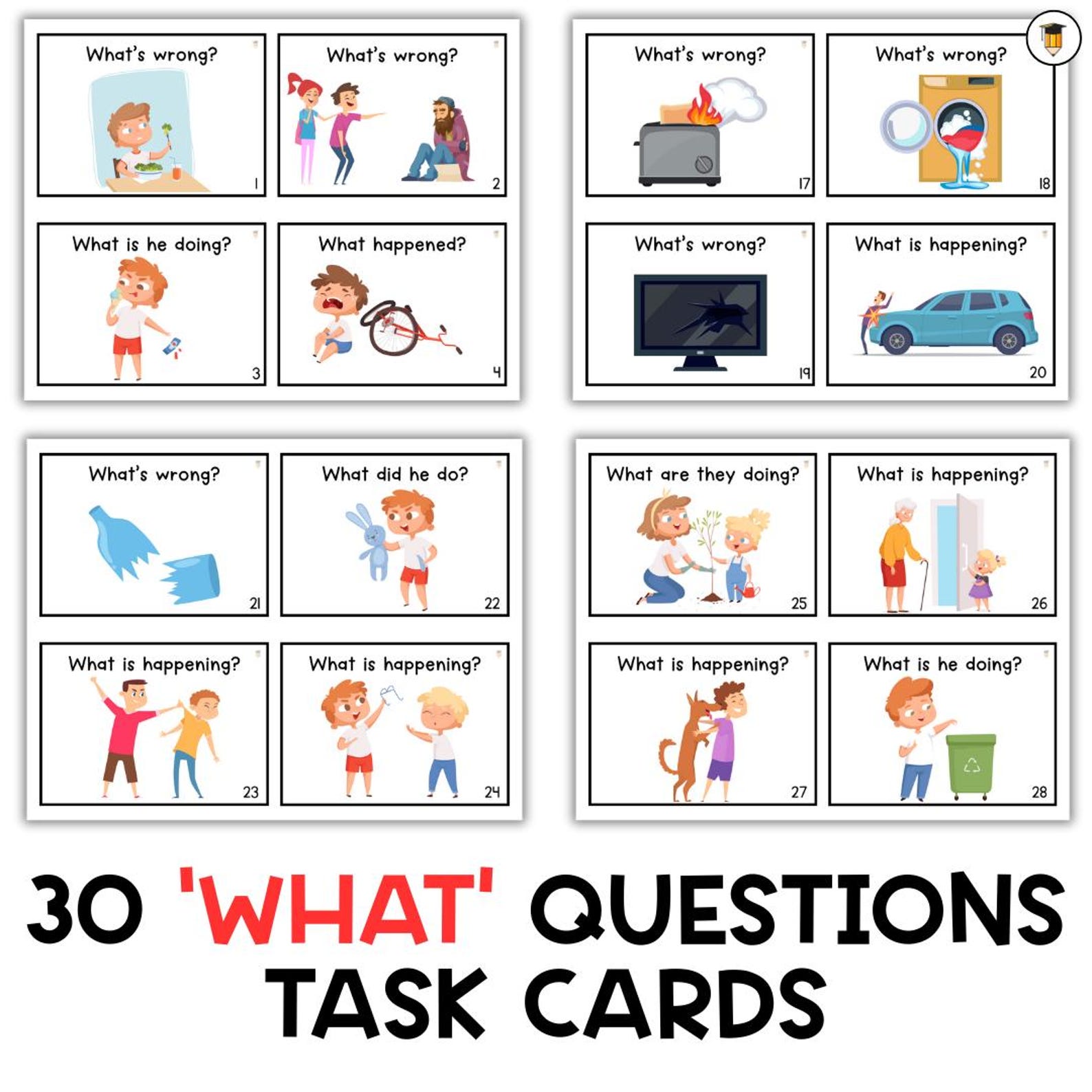 30 What Question Task Cards | WH Questions | Functions Task Cards ...