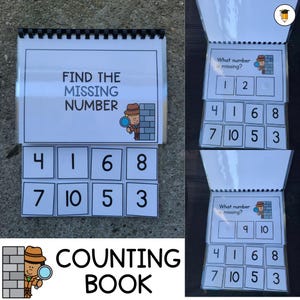 May include: A spiral-bound counting book with the text "FIND THE MISSING NUMBER." The book features a detective character and number puzzles. The bottom of the image has the text "COUNTING BOOK."