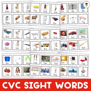 Mots visuels CVC IMAGE RÉELLE | Entraînement des mots à vue | Centre d'alphabétisation | Cartes de tâches | Écriture préscolaire | Jardin d'enfants | La phonétique | Orthographe