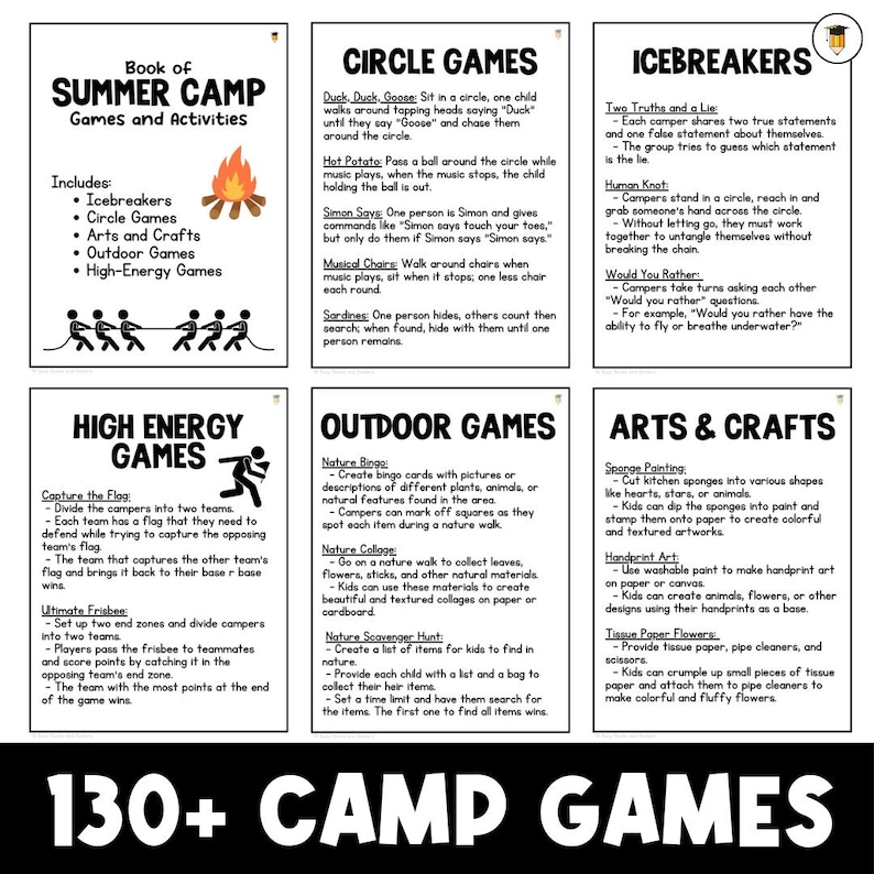 May include: A colorful chart with the title "Book of Summer Camp Games and Activities". The chart lists different types of games and activities for summer camp, including icebreakers, circle games, arts and crafts, outdoor games, and high-energy games.