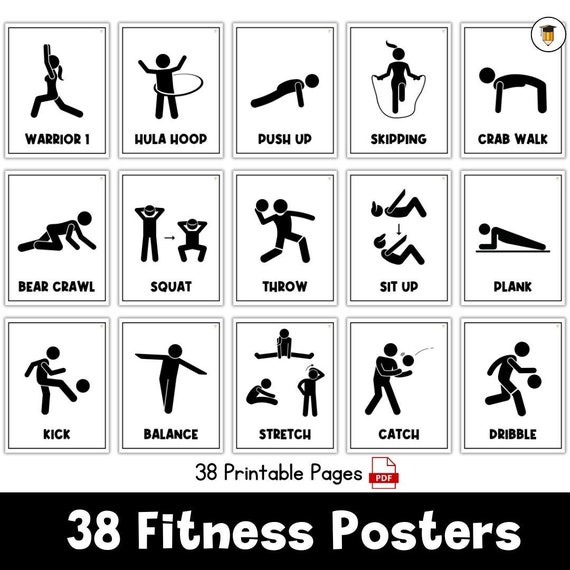 38 Fitness Posters | Kids Exercises | Flash Cards for Kids | Yoga | Activities | Physical Education | Busy Book | Movement Break Activity