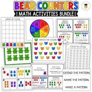 Könnte beinhalten: Ein Mathematik-Aktivitätenpaket mit Bärenzählern und verschiedenen Arbeitsblättern, darunter Farbdiagramme, Farbabstimmung, Additions- und Subtraktionsaufgaben, Zahlenbindungen, Strichlisten, Zehnerrahmen und Musterübungen mit bunten Bären.