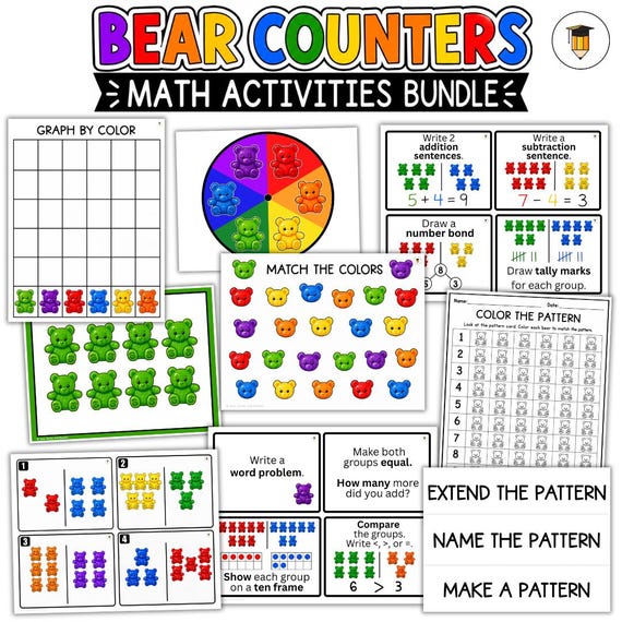 Counting Bears Math Activities Bundle | Math Centers | Task Cards | Patterns | Arrays | Graphing | Addition Word Problems | Numbers