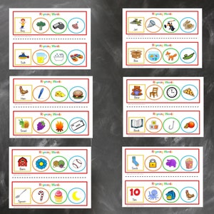 May include: A set of 10 colorful cards with rhyming words. Each card features a picture and the word written below. The words are: boy, toy, sub, tub, hen, pen, snail, pail, barn, yarn, spoon, moon, jet, net, box, fox, bear, chair, book, hook, sock, lock, ten, hen.