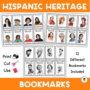 May include: Twelve printable bookmarks featuring black and white illustrations of Hispanic Heritage Month figures. Each bookmark includes the person's name and the text "Hispanic Heritage Month".