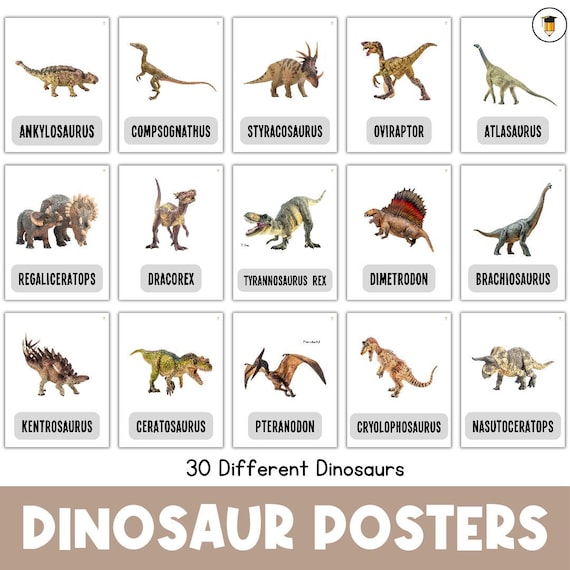 30 Dinosaur Posters | Dinosaurs | Bulletin Board | Prehistoric | Ancient | Fossils | Picture Cards | Flashcards | Memory Matching | Museum