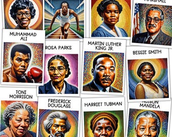 20 posters sur l'histoire des Noirs | Présentoir pour babillard | Décoration histoire des Noirs | histoire afro-américaine | Présentoir d'art imprimable en pointillisme