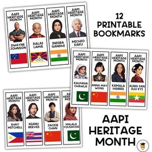 May include: Twelve printable bookmarks featuring portraits of notable Asian Americans and Pacific Islanders. Each bookmark includes the person's name, a short description, and a flag representing their heritage. The bookmarks are designed to celebrate AAPI Heritage Month.